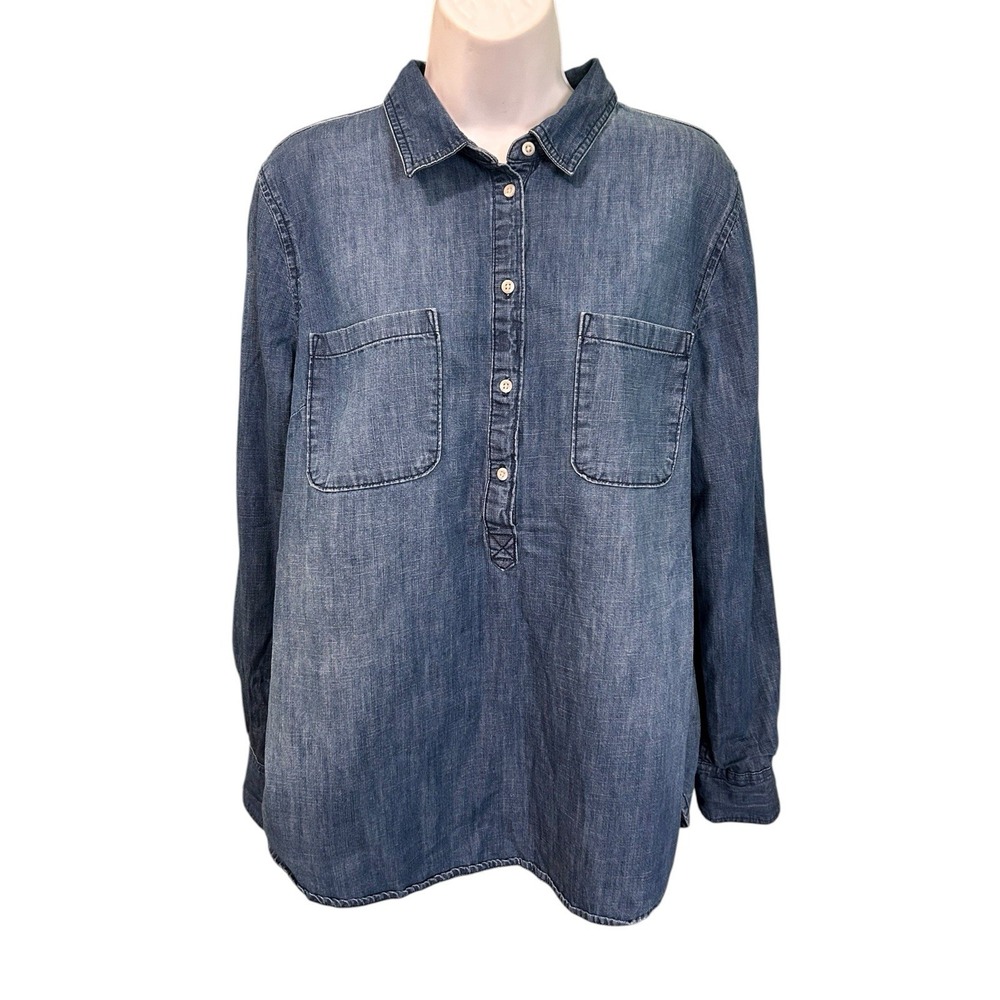 Merona L/S Chambray 1/2 Button Pullover Cotton Blouse Womens Size XL Blue